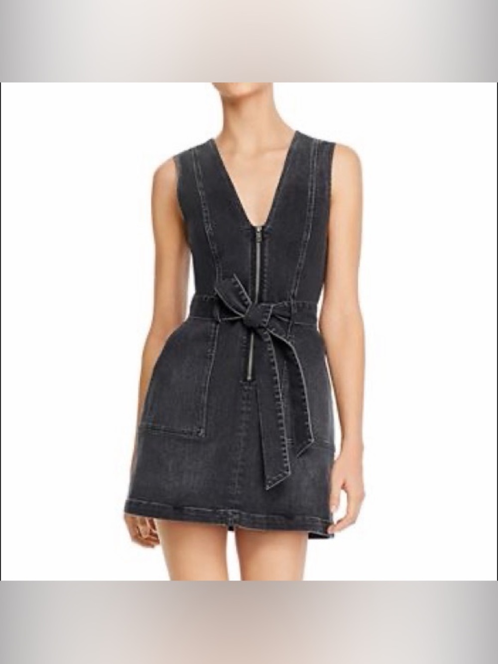 Alice + Olivia Washed Black Sleeveless Denim Dress with Front Zip and Tie